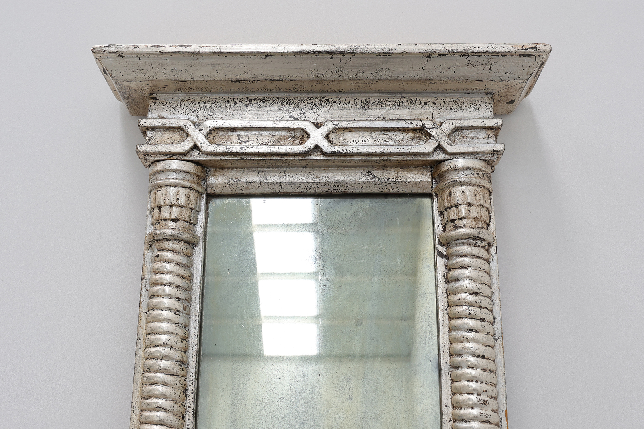 Pair of Neoclassical Silver Leaf Pier Mirrors with Ringed Columns and Cornice, Italy, ca. 1850thumbnail